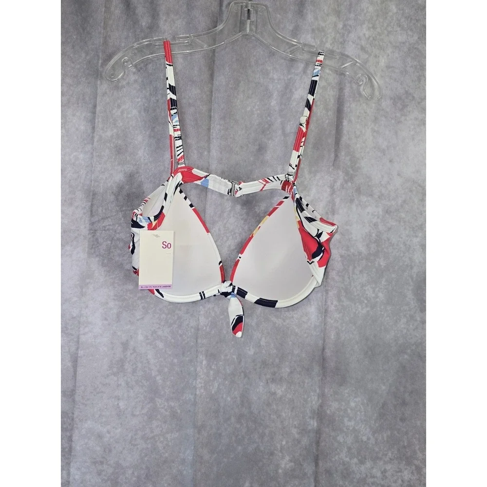 SO Floral Bikini Top XL Red White Blue Molded Underwire Cup Center Knot Swim - Picture 2 of 4
